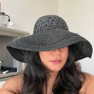 Black Straw Floppy‎ Sun Hat Beach Pool Summer Vacation Wide Brim Womens